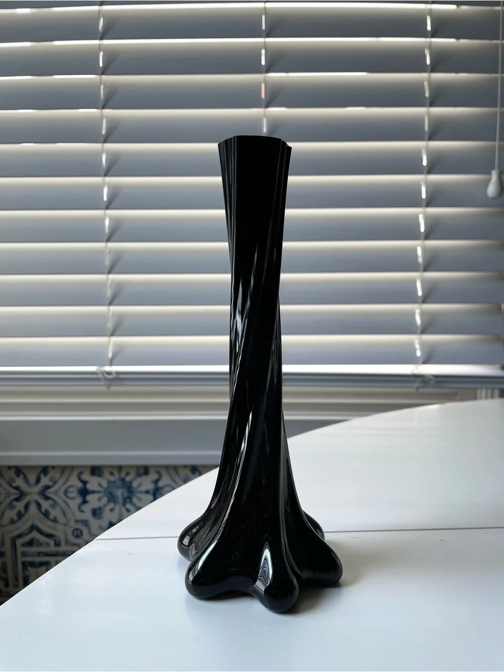 Vintage black glass twist bud vase minimalist